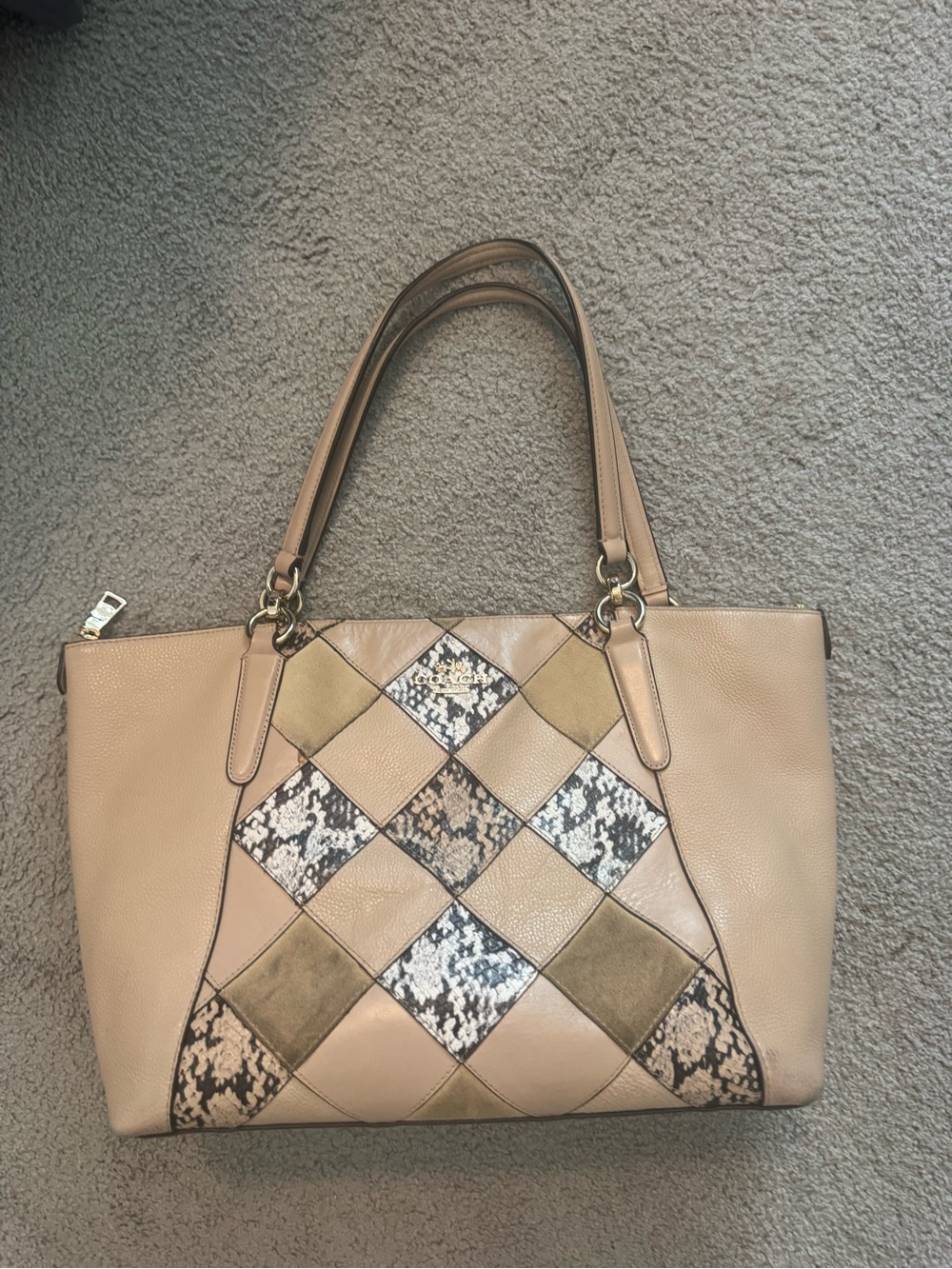 Coach Beige Patchwork Tote with Snakeskin and Olive Accents